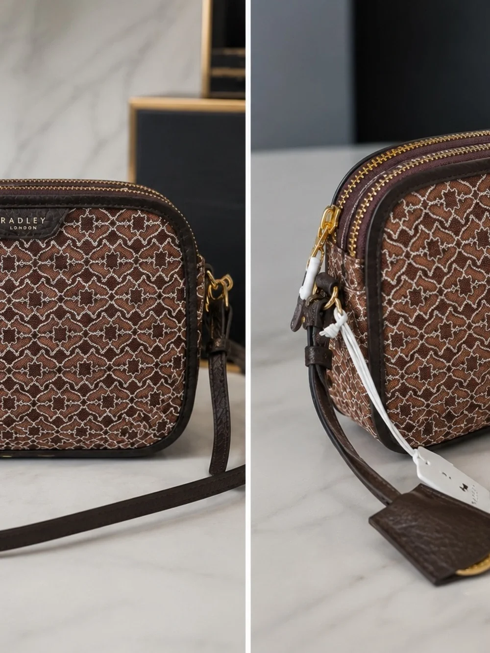 RADLEY LONDON Brown Monogram Crossbody Bag with Gold Hardware
